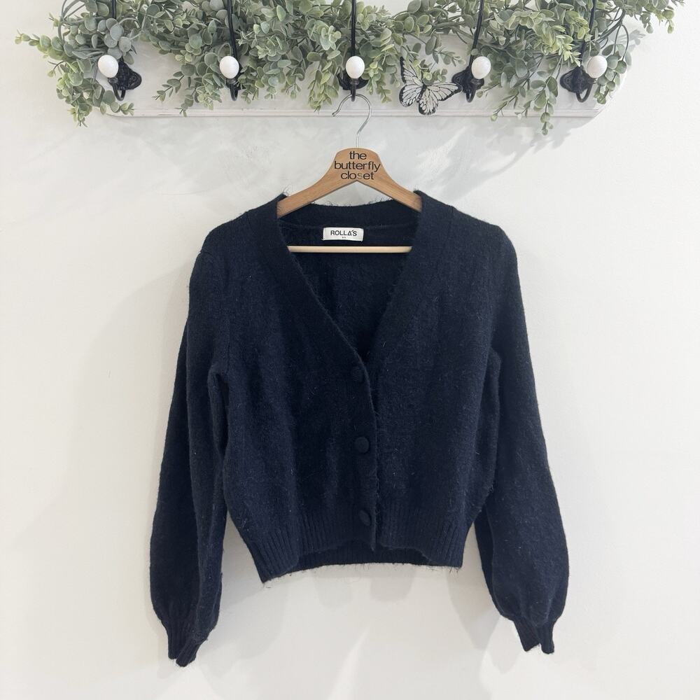 Rolla's Delphine Cardigan V Neck Blouson Sleeves Navy Size 8/S 104983